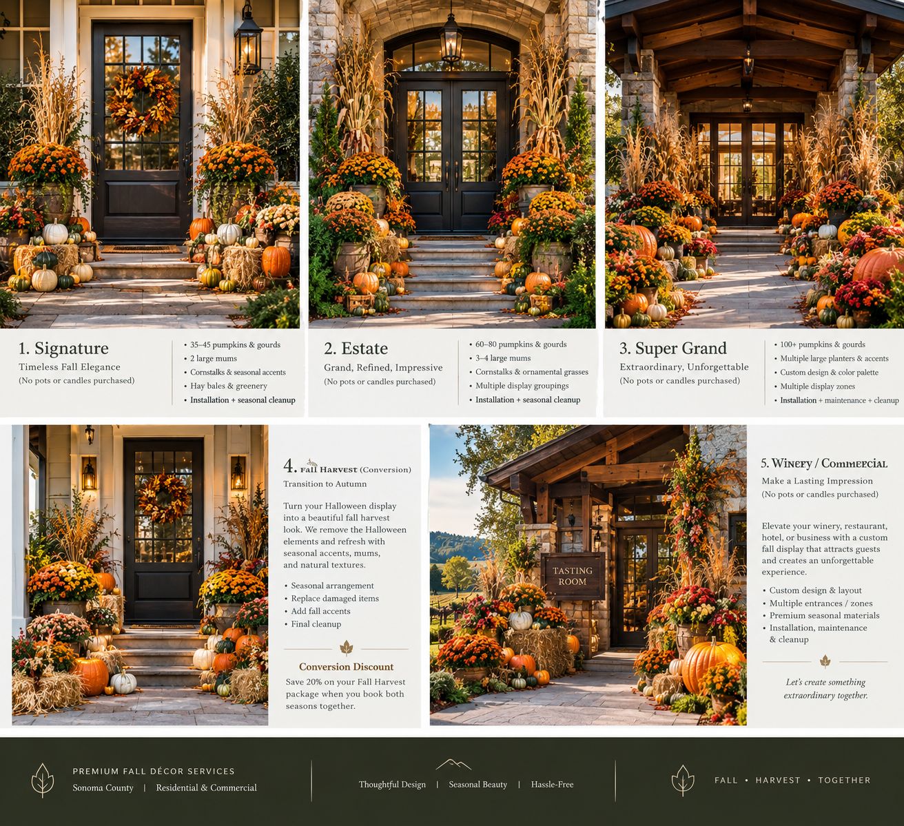 Elegant natural fall porch with pumpkins, flowers, and foliage; no candles or decorative pots